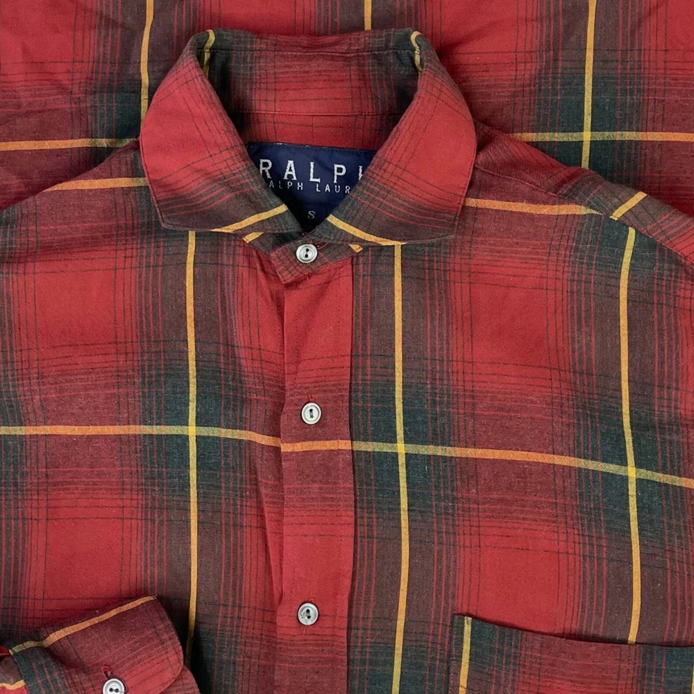 RALPH Ralph Lauren Shirt Mens Small Rayon Long Sleeve Button Up Red Plaid Rare